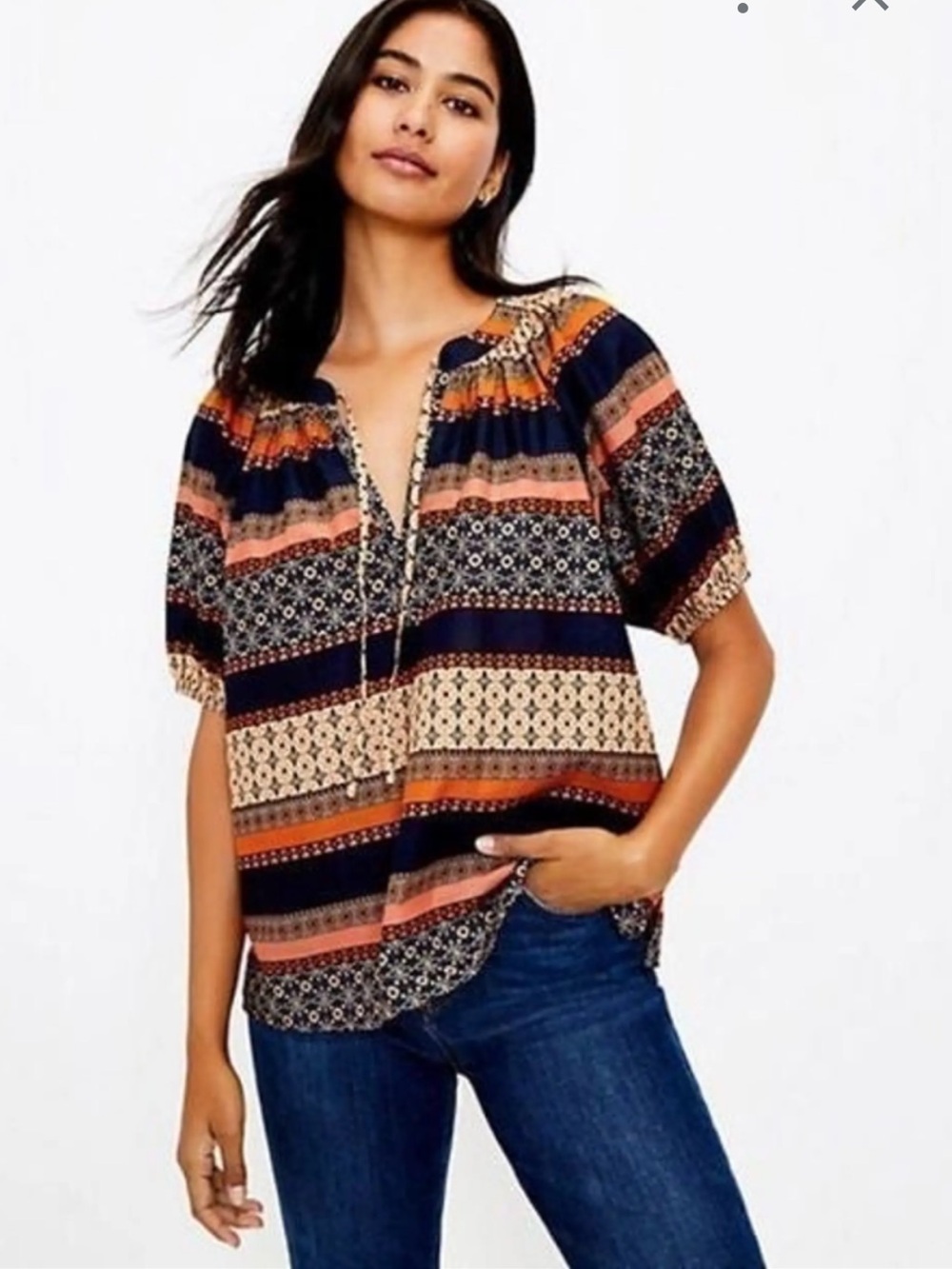 LOFT foulard tie neck puff sleeve blouse